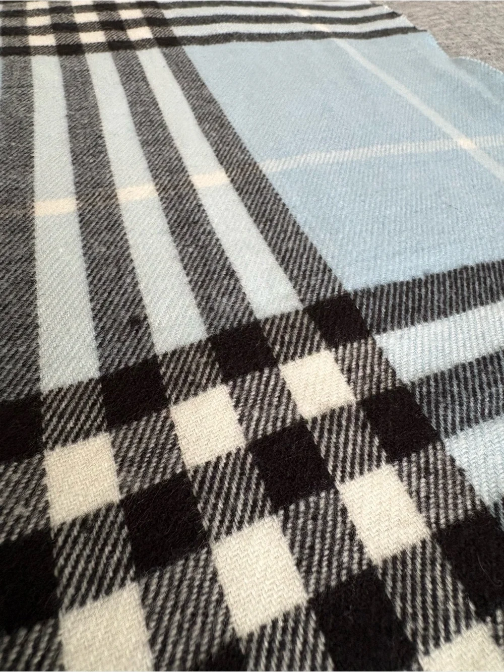 Light Blue Plaid Cashmere Scarf with Fringe
